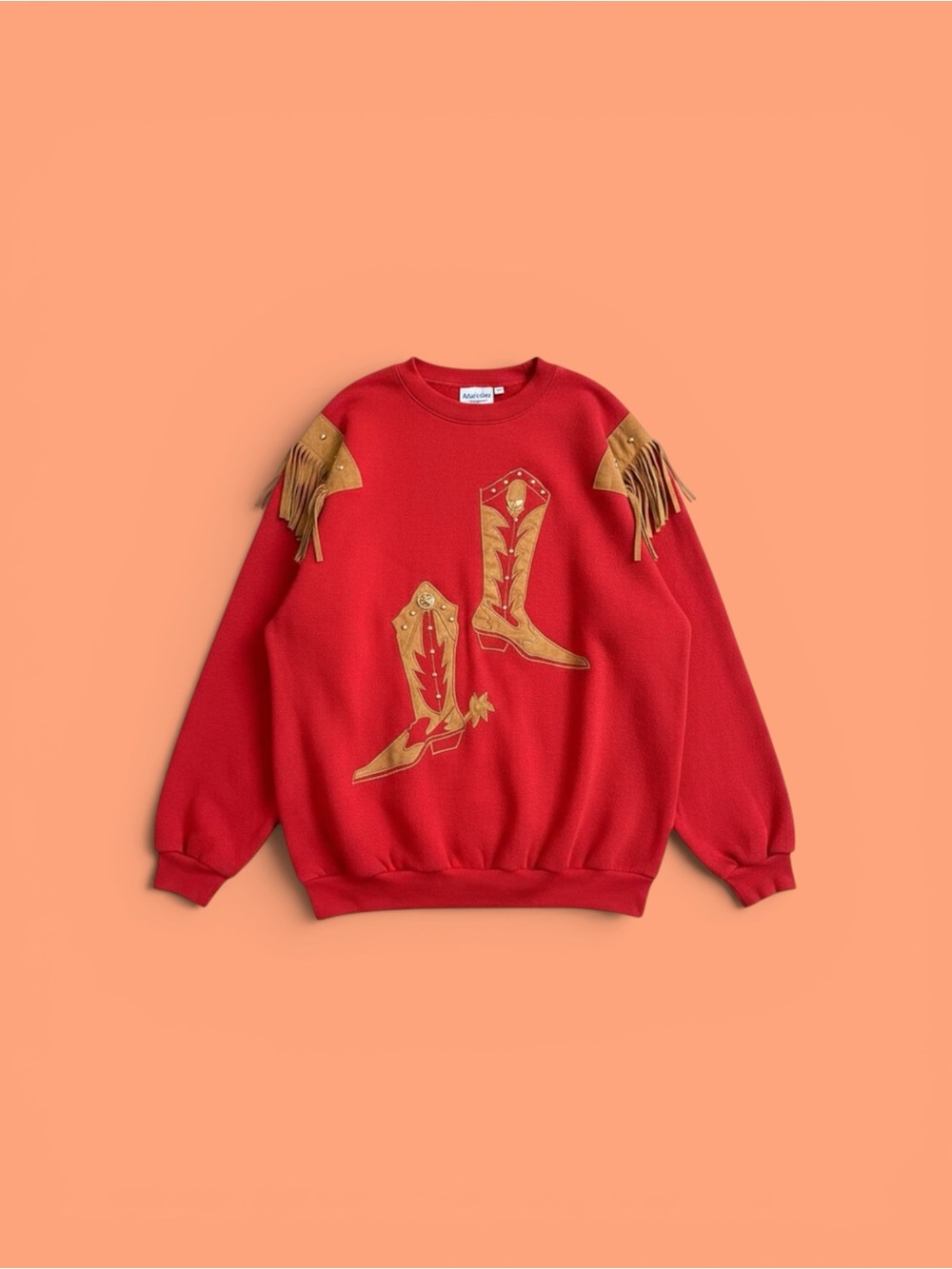 Vintage Red Sweatshirt with Tan Fringe & Western Boot Appliqués